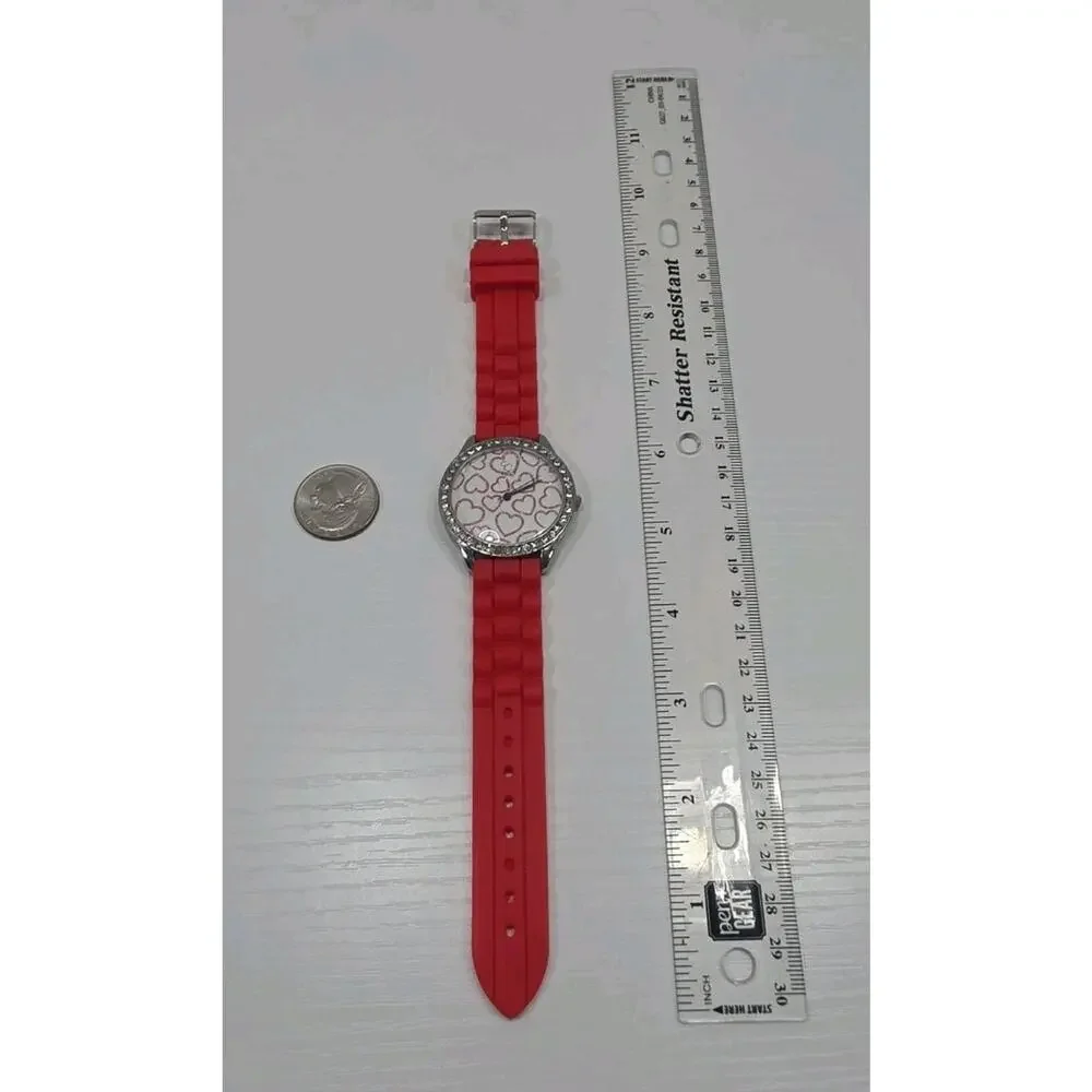 Cc 6545 Analog Quartz Watch W/Sparkly Gems Heart Dial Red Band New Battery W289